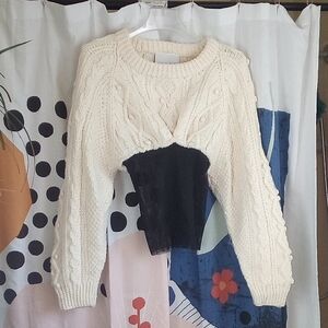 SAMI MIRO VINTAGE Cream Cable-Knit Fisherman Sweater W/Black Mesh Panel, NWT